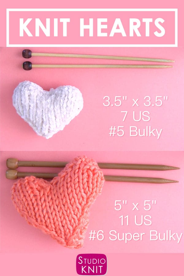 Knit Heart Softies Sizes with Bulky and Super Bulky Weight Yarn by Studio Knit.