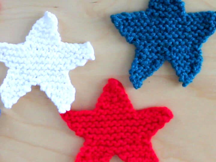 3 Knitted Star Shapes in red, white, and blue yarn colors.