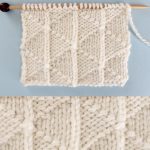 Right and wrong sides of the Pennant Stitch knitted swatch in white yarn on straight knitting needle.