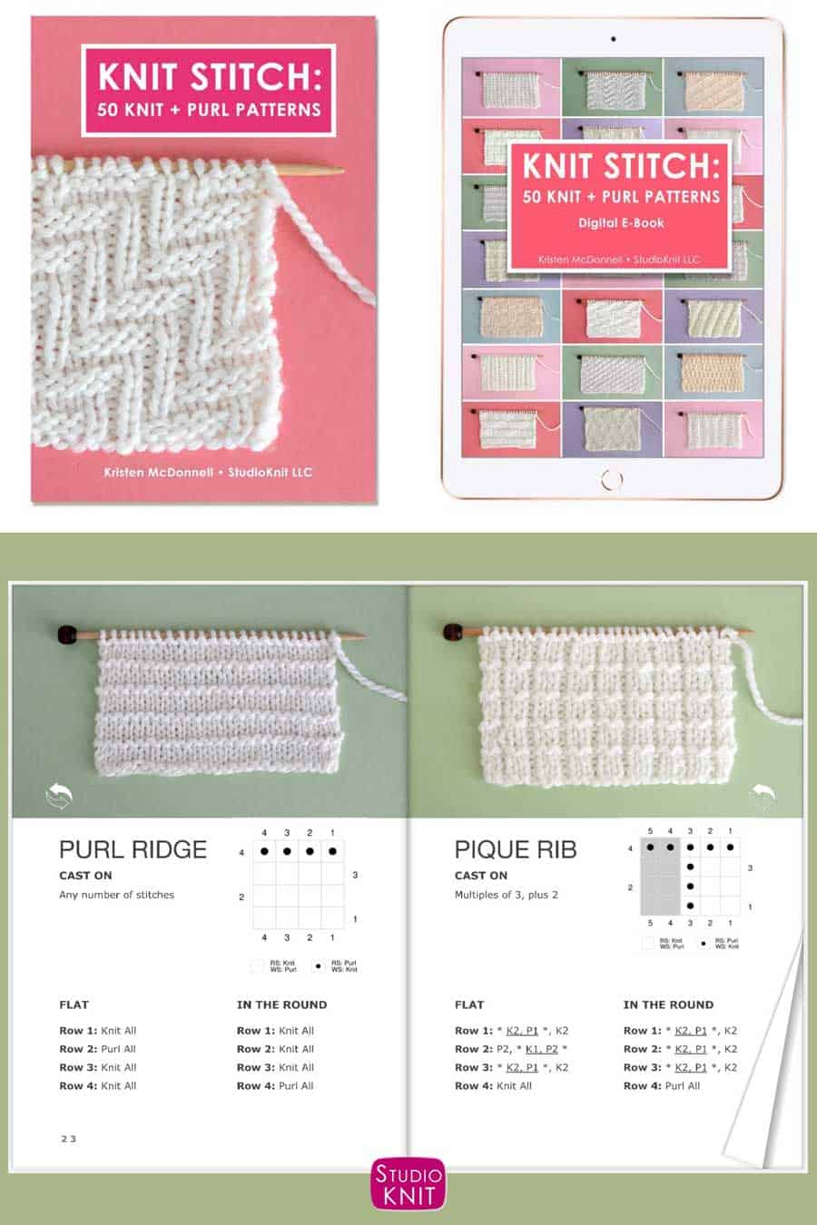 Knit Stitch Pattern Book with Purl Ridge and Pique Rib Stitches