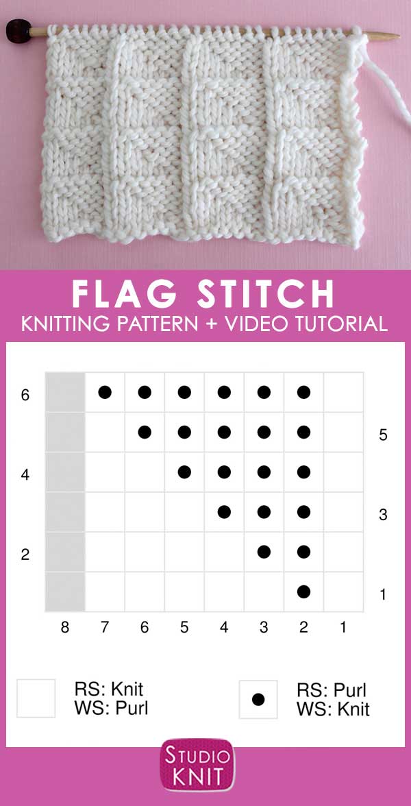 Chart of Flag Knit Stitch Pattern with Video Tutorial by Studio Knit