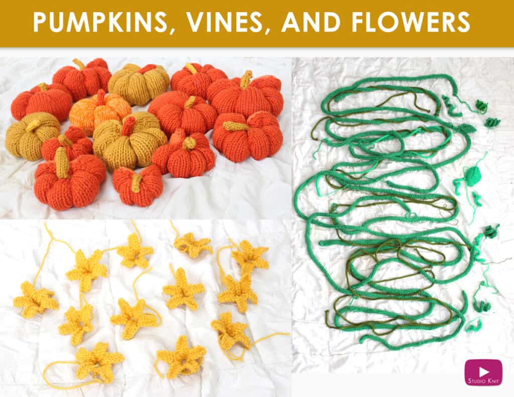 Hand knit pumpkins, flowers, and vines by Studio Knit for yarnbomb art installation in Salesforce Park