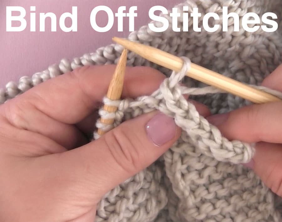 Bind off knitting stitches for a blanket with needles and yarn