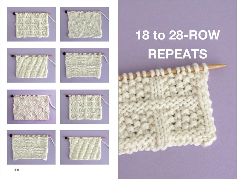 18 TO 28 ROW REPEATS with knitting stitch samples in white yarn on purple background