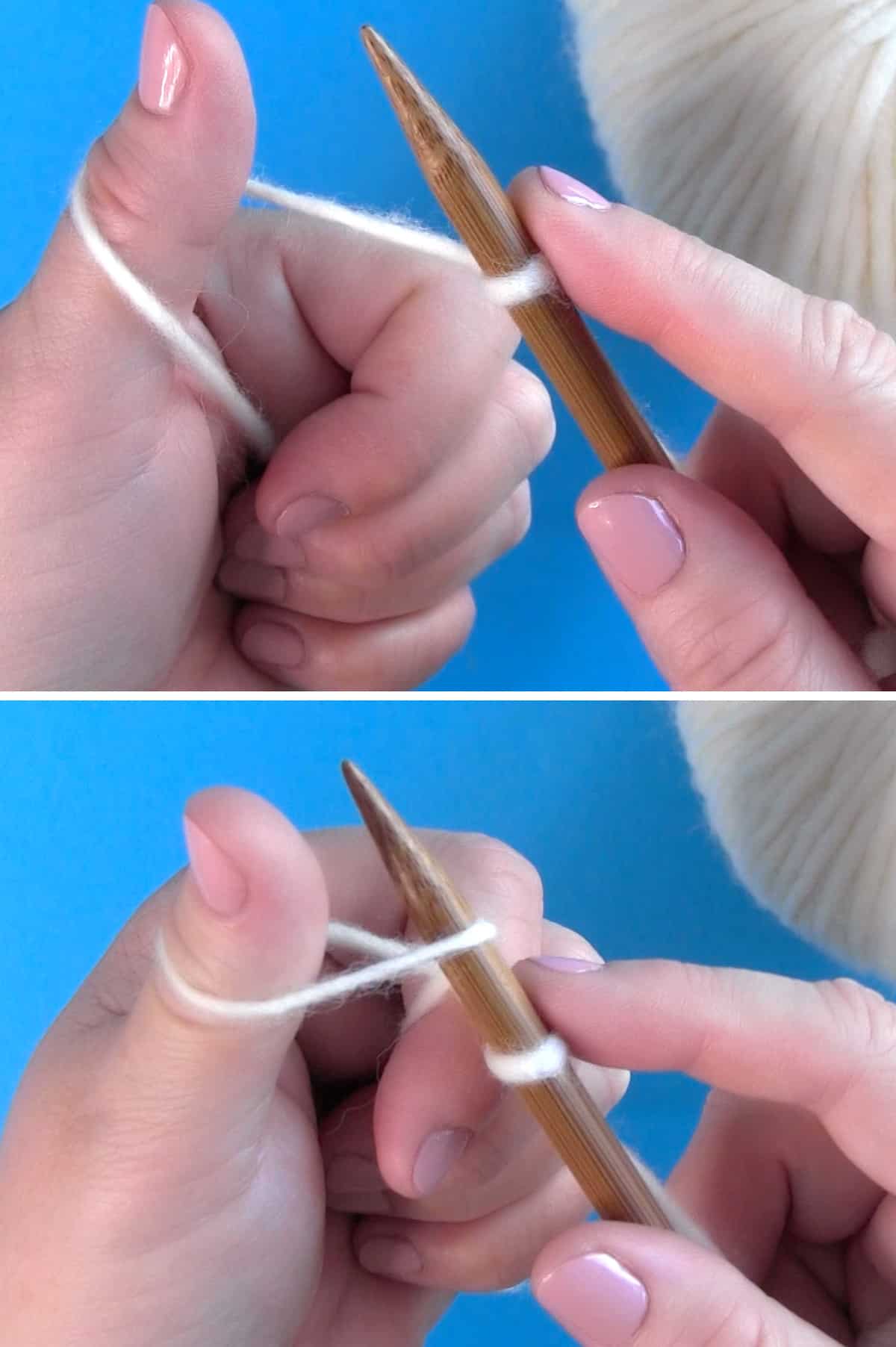 Inserting the tip of a knitting needle under the thumb loop to pick up the yarn to Cast On stitches.