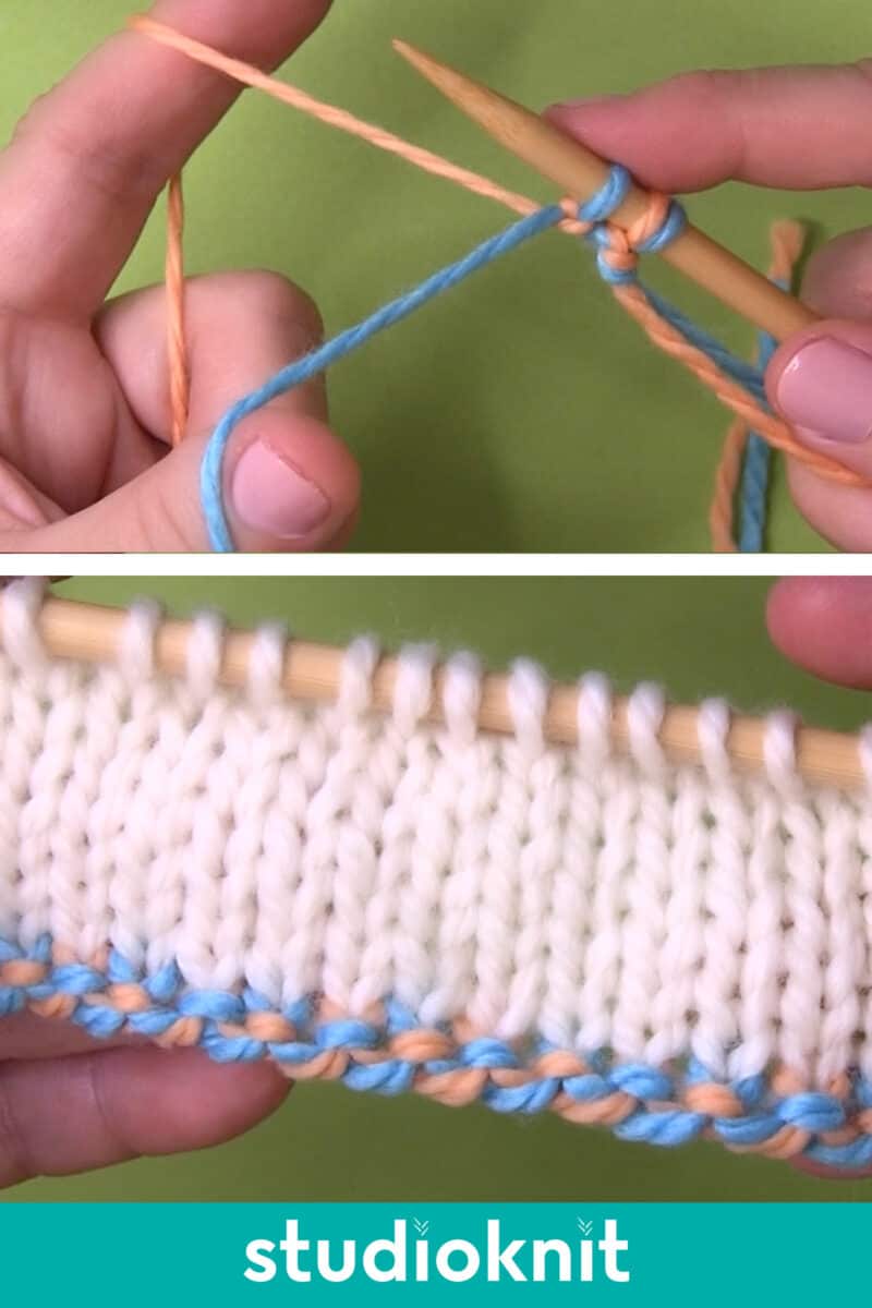 Hands demonstrating the 2-Color Cast On Corded Edge technique with yarn and knitting needles.