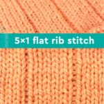 5x1 Flat Rib Stitch texture in orange color yarn on knitting needle.