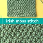 Irish Moss Knit Stitch pattern close-up in green yarn on knitting needles.