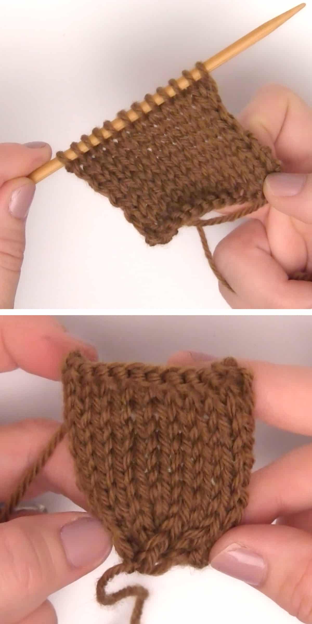 Stockinette stitch swatch of knitted acorn body in brown color yarn.