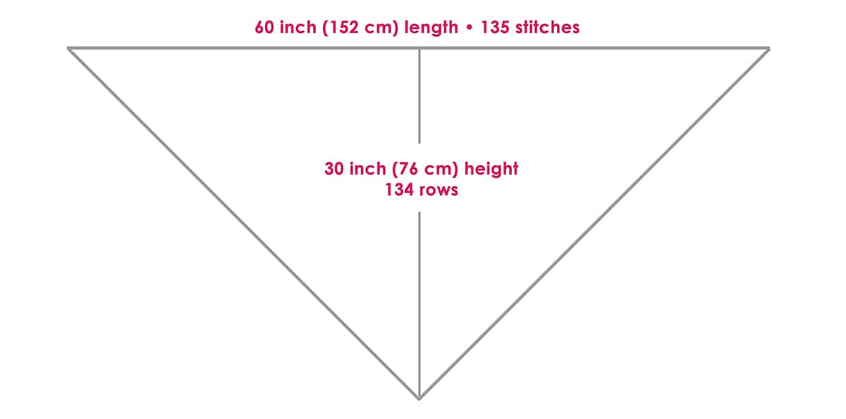 Knitting diagram illustrating the size, stitches, and rows for the mesh shawl pattern.