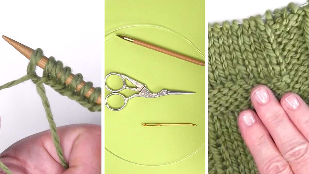 Knitting process with needles, hands, and yarn to create the Bamboo Forest Blanket pattern.