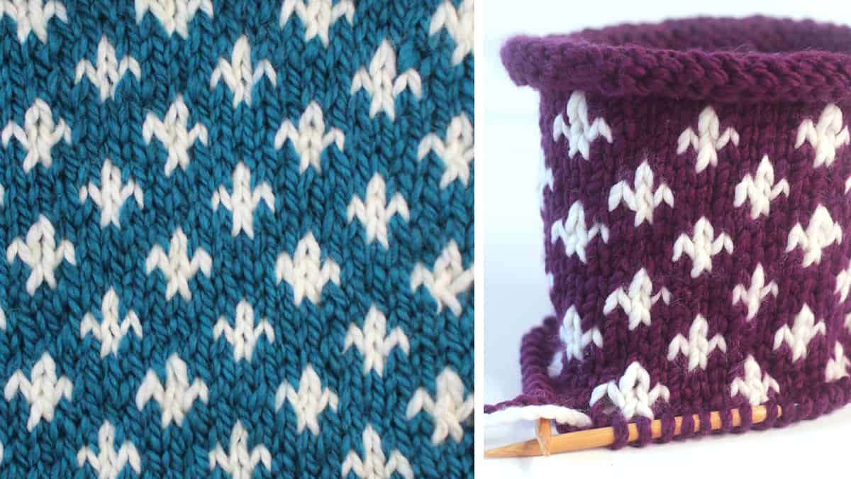 Knitting process with straight and circular needles and yarn to create the Fleur de Lys pattern.