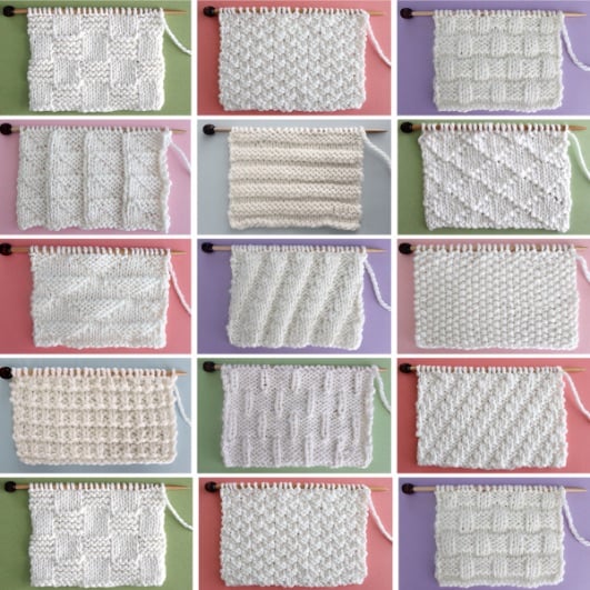 15 swatches of knit and purl stitches in white yarn color.