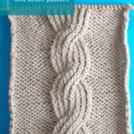 Seven seas cable ribbing knit stitch pattern in beige colored yarn on a blue background by Studio Knit.