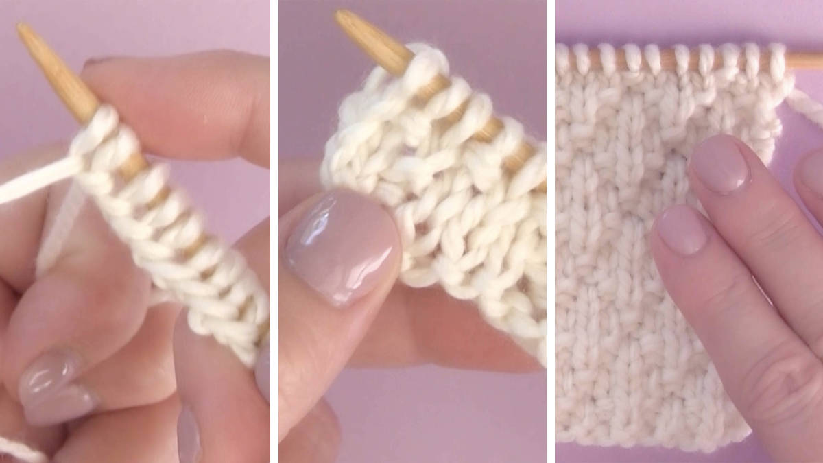 Knitting process with needles, hands, and yarn to create the Seersucker Stitch pattern.