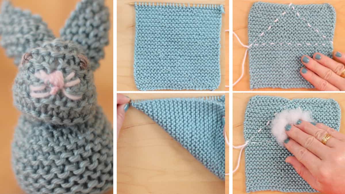 Knitting process with needles, hands, and yarn to create the Bunny from a Square pattern.