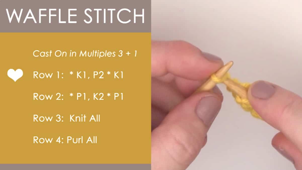 Waffle Stitch knitting instructions with hands and knitting needles.