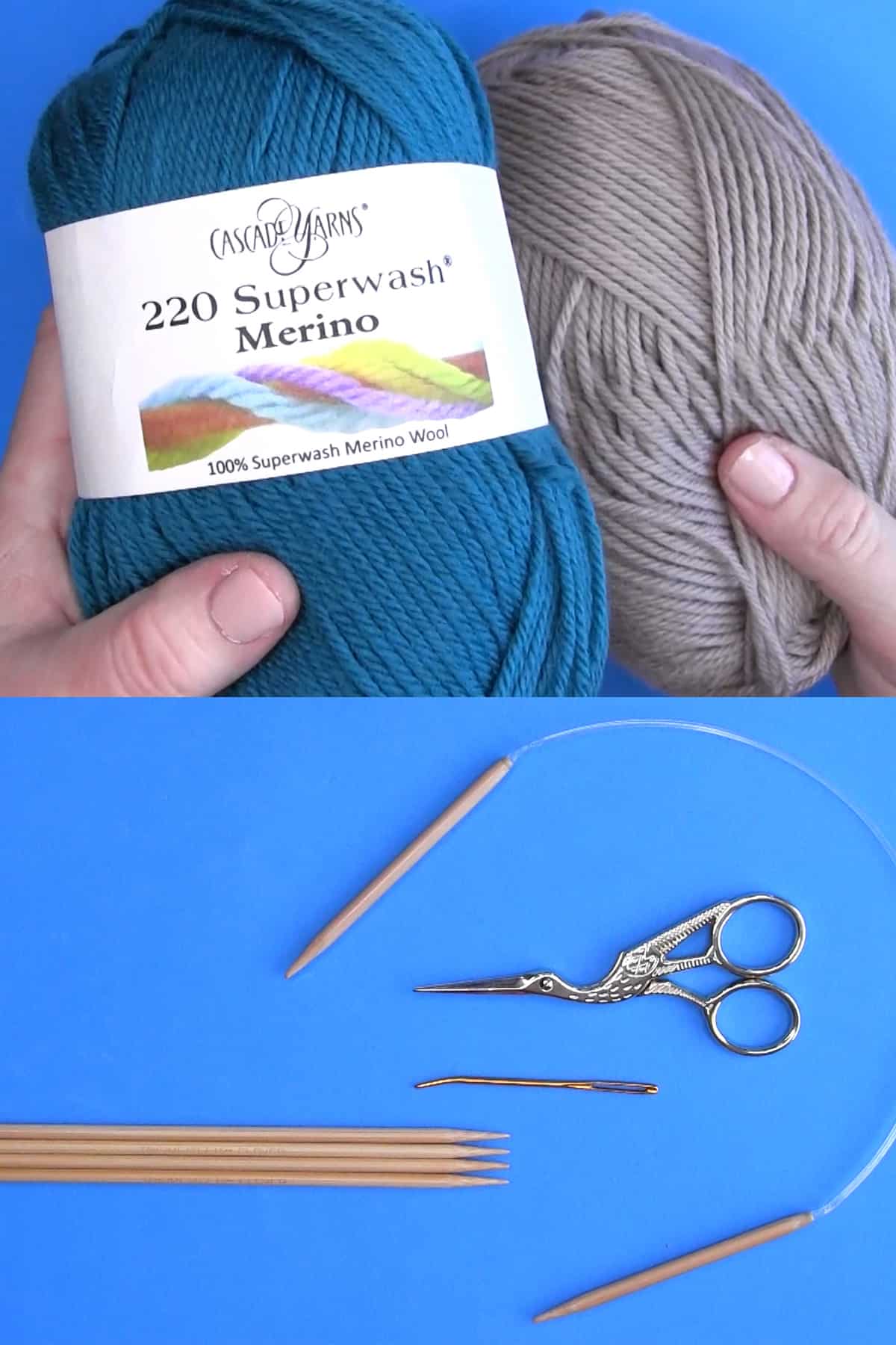 Cascade 220 Superwash yarn in blue and tan colors with knitting needles, scissors, and a tapestry needle.