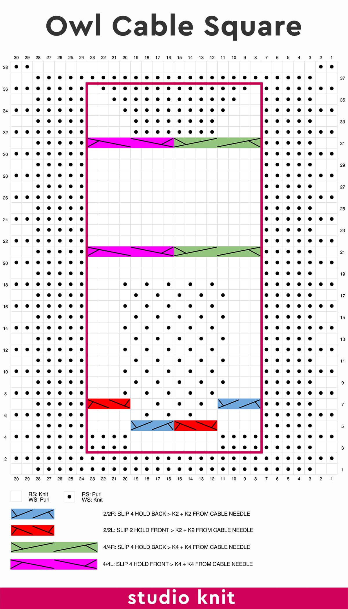 Owl Cable Square Knitting Chart by Studio Knit.