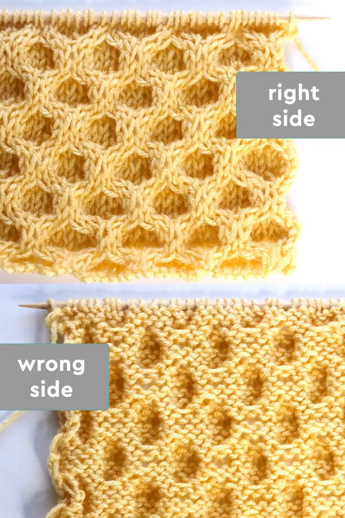 Right and wrong sides of the Honeycomb Knit Stitch pattern on knitting needles in yellow-colored yarn.