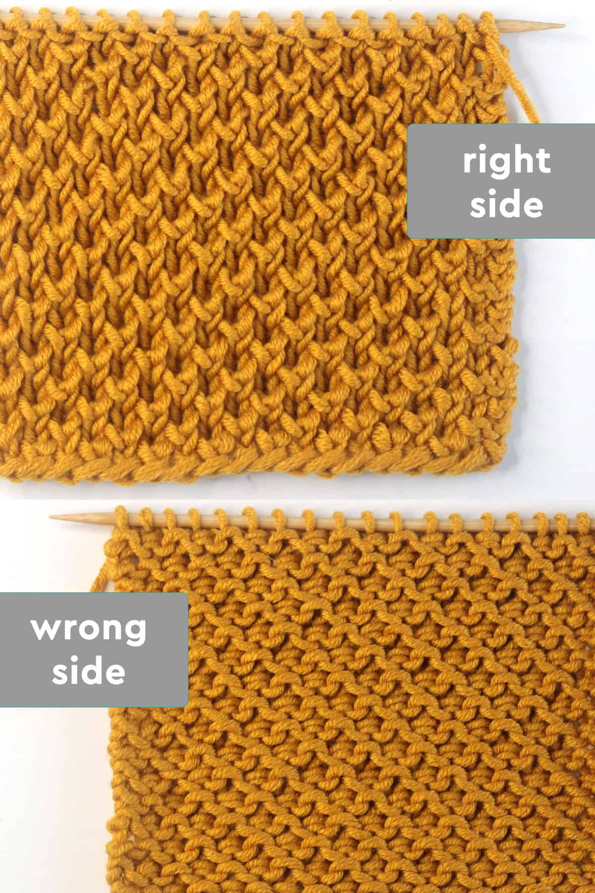 Right and Wrong sides of the Bee stitch brioche knit stitch pattern in yellow colored yarn.