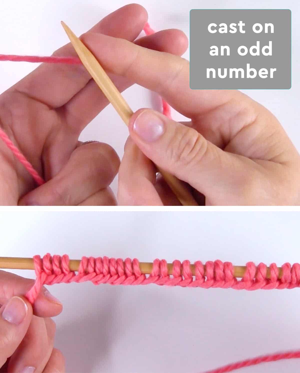 Hands casting on odd number of stitches with pink yarn color onto a wooden knitting needle.