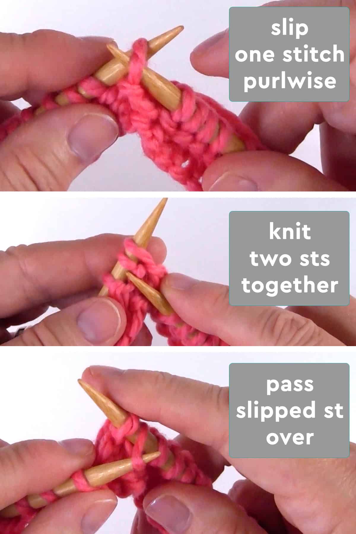 Hands demonstrating the Center Double Decrease knitting technique with yarn and needles.