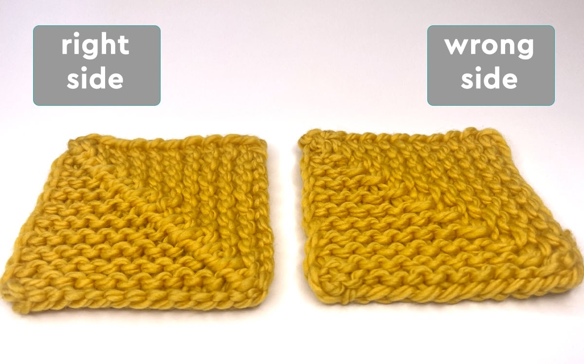 Right and wrong sides of a knitted mitered square in yellow yarn color.