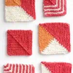 Mitered squares made easy with collection of six different knitted samples in various colorblock patterns with white, pink, and orange colored yarn.