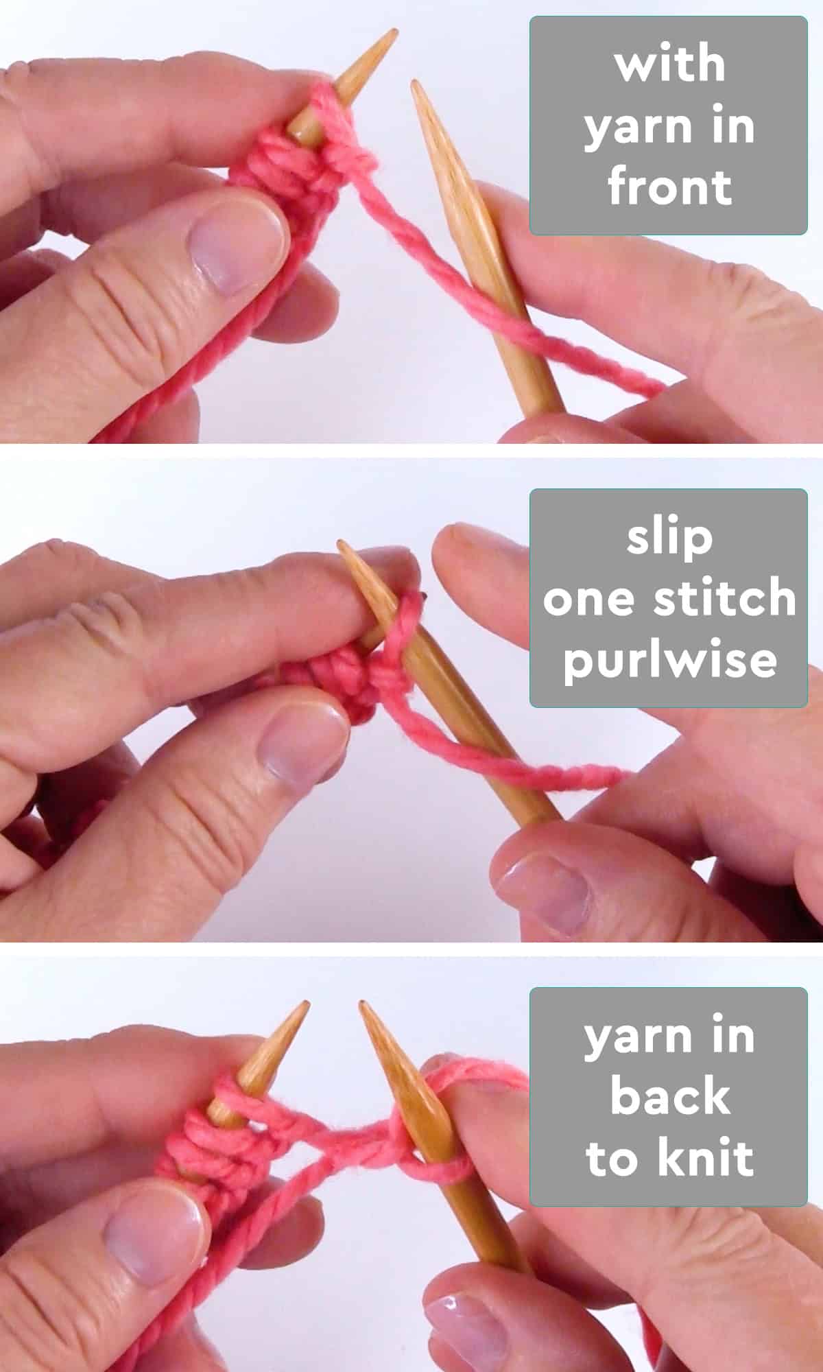 Hands demonstrating slip stitch knitting with yarn in front.