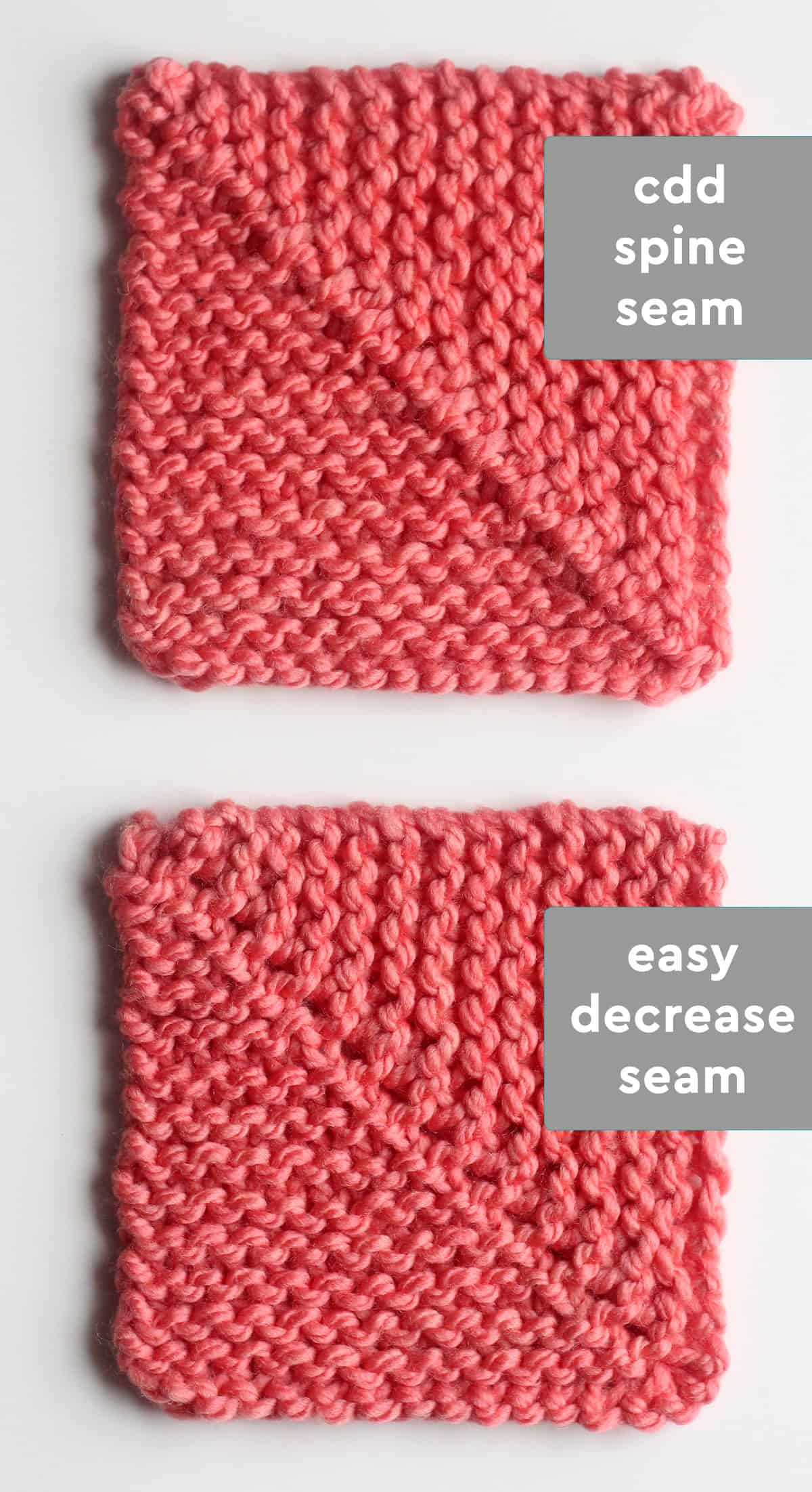 Two mitered squares knitted with different centers: CDD Spine Seam and Easy Decrease Seam.