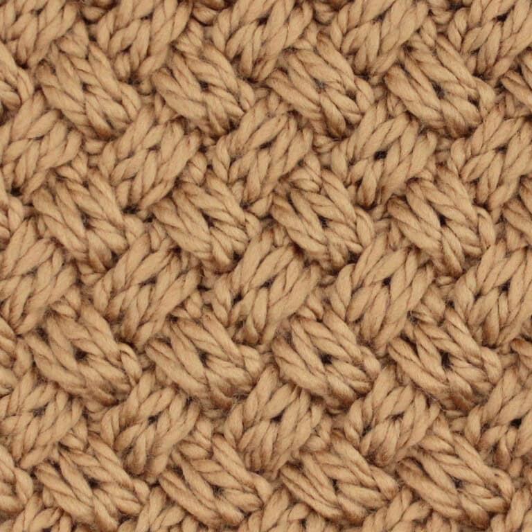 Basket Weave Cable Stitch Knit Stitch Pattern in brown-colored yarn.