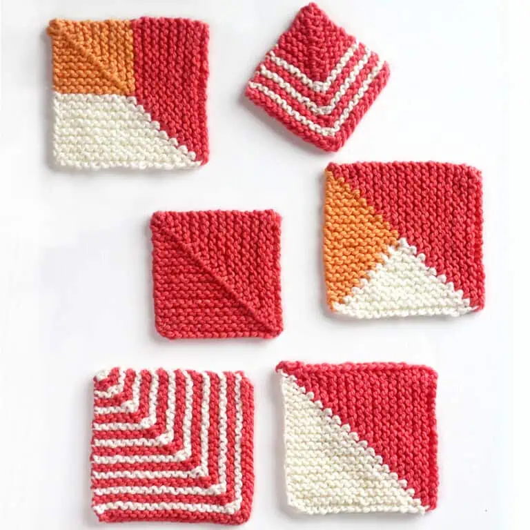 Mitered squares made easy with collection of six different knitted samples in various colorblock patterns with white, pink, and orange colored yarn.