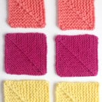 Mitered squares made easy knitting patterns with six samples in solid colored yarns by Studio Knit.