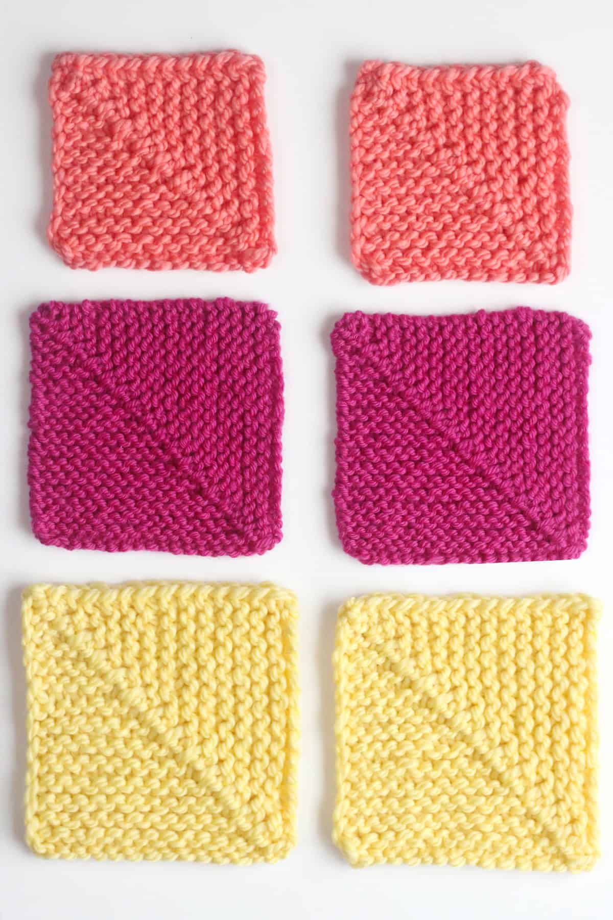 Six mitered squares knitted in solid colored yarns.