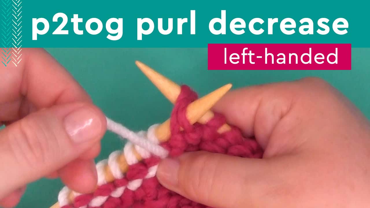 P2tog purl decrease with hands knitting with needles and yarn.