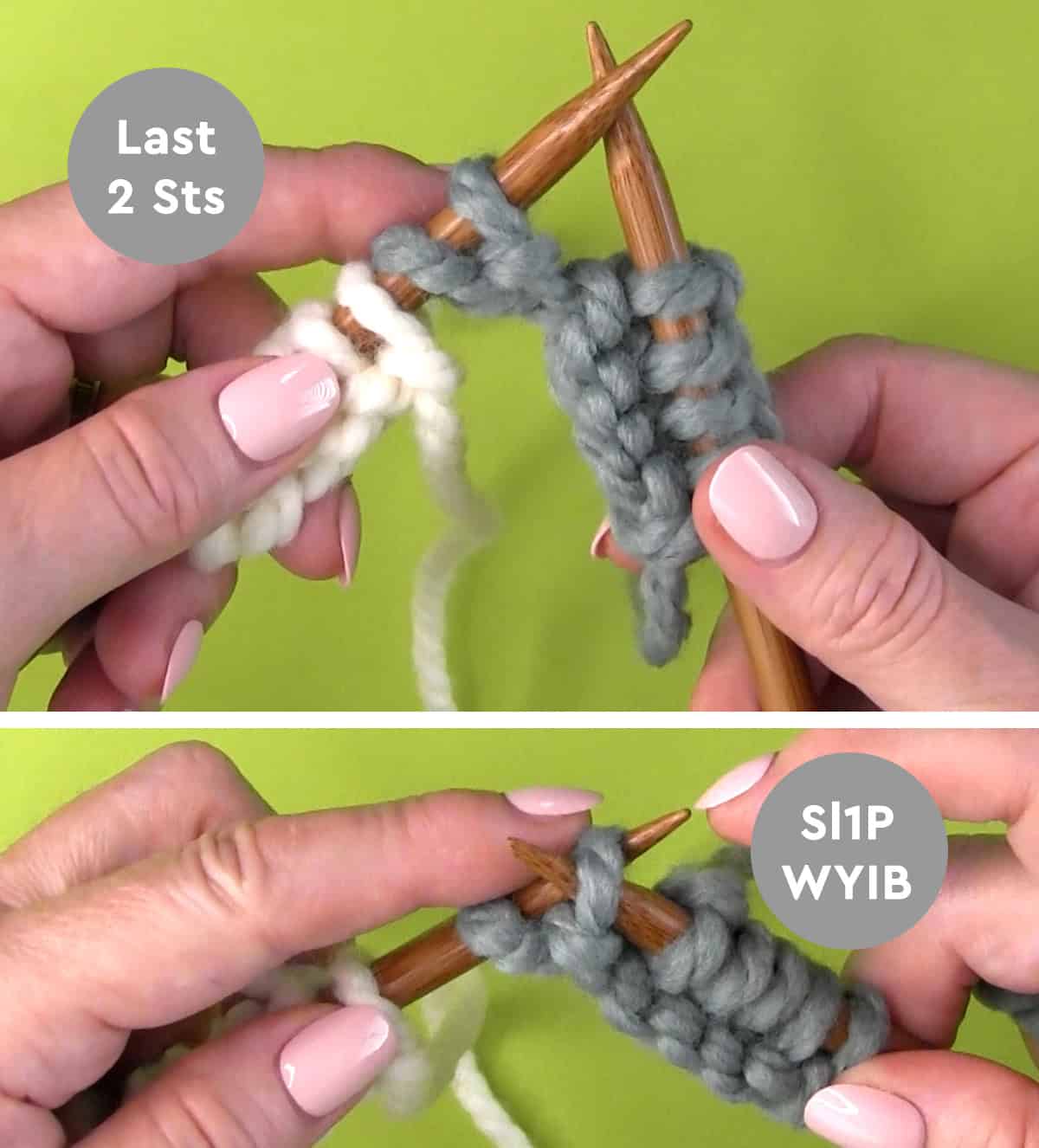 Hands knitting a center double decrease with needles and yarn.