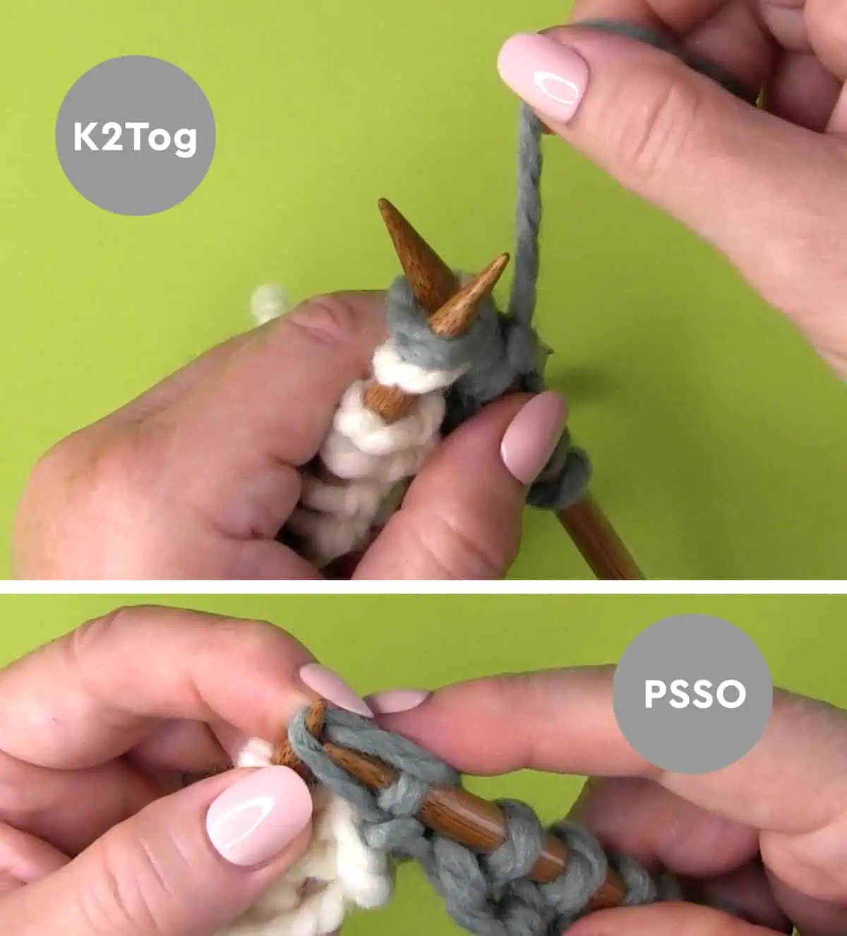 Hands decreasing knitting stitches with a k2tog and psso technique.