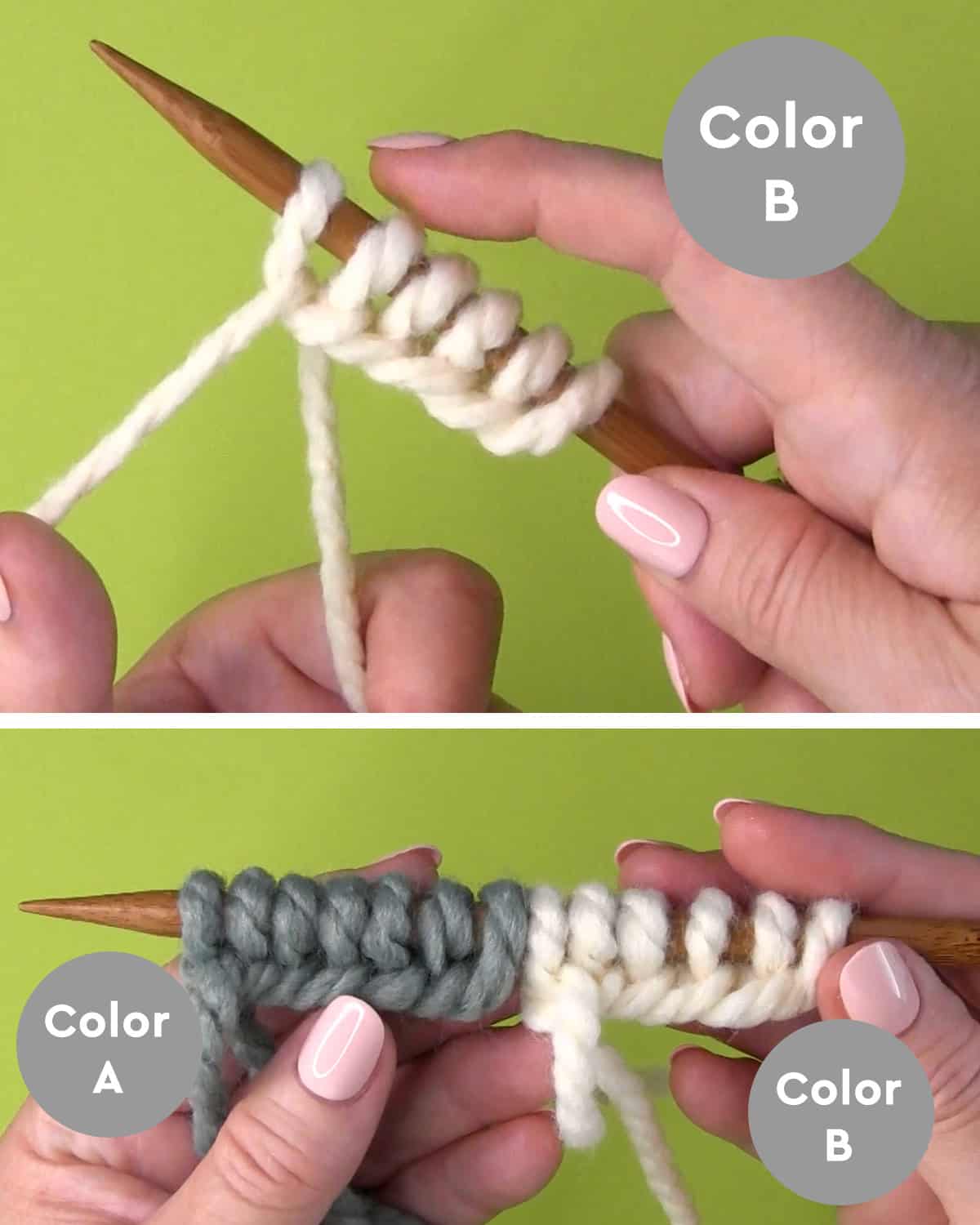 Hands casting on two different yarn colors onto a knitting needle.