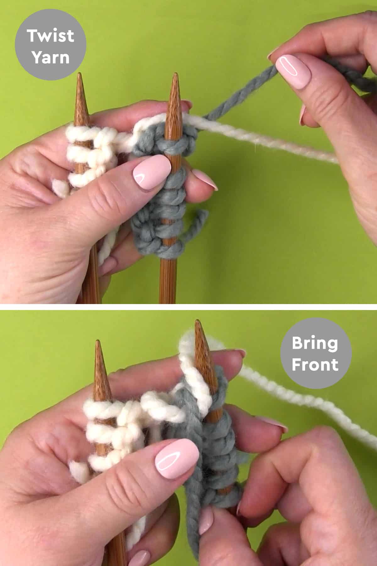 Twisting yarn demonstration to knit two colors together.