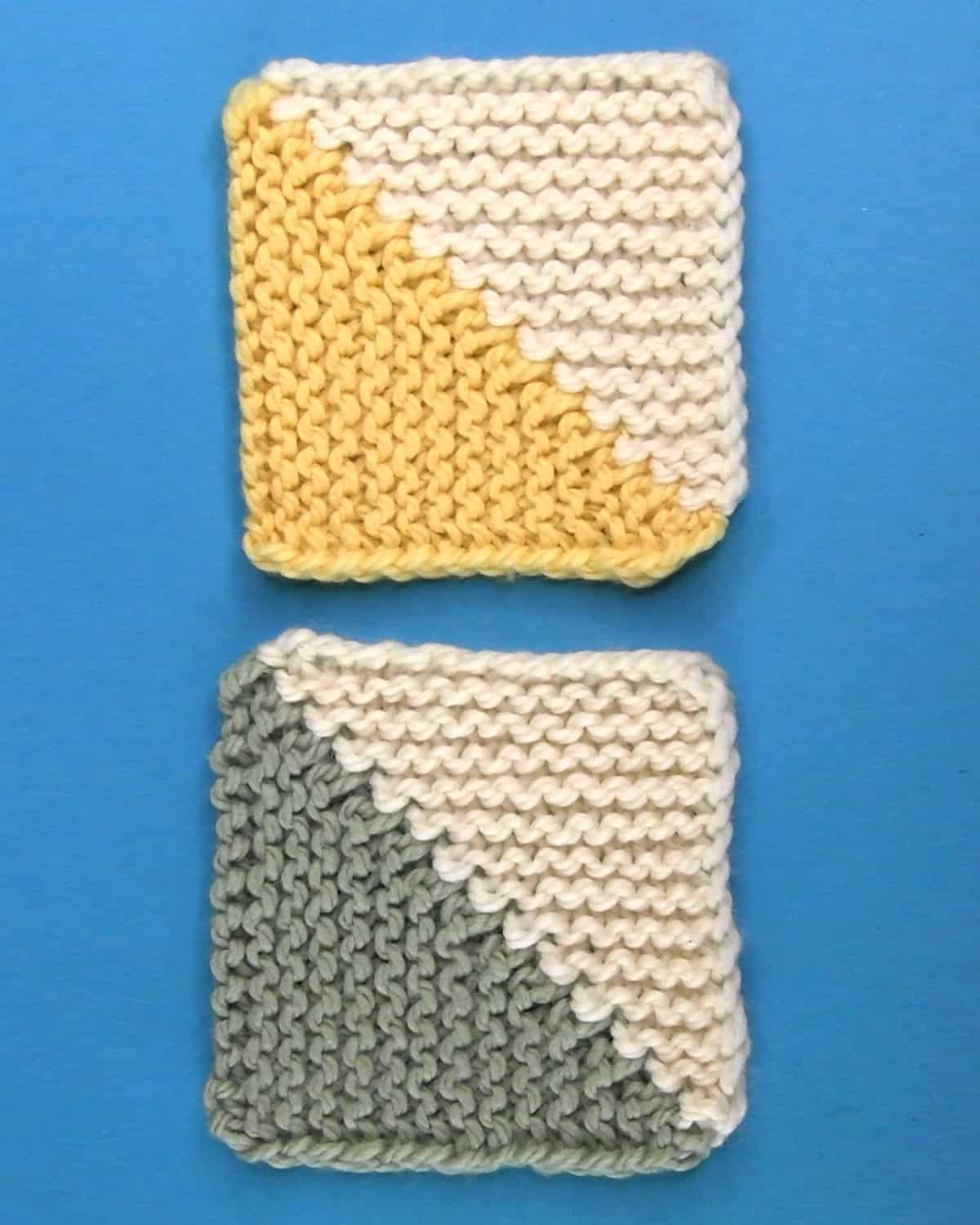 2-color mitered squares with white, yellow, and green yarn colors.