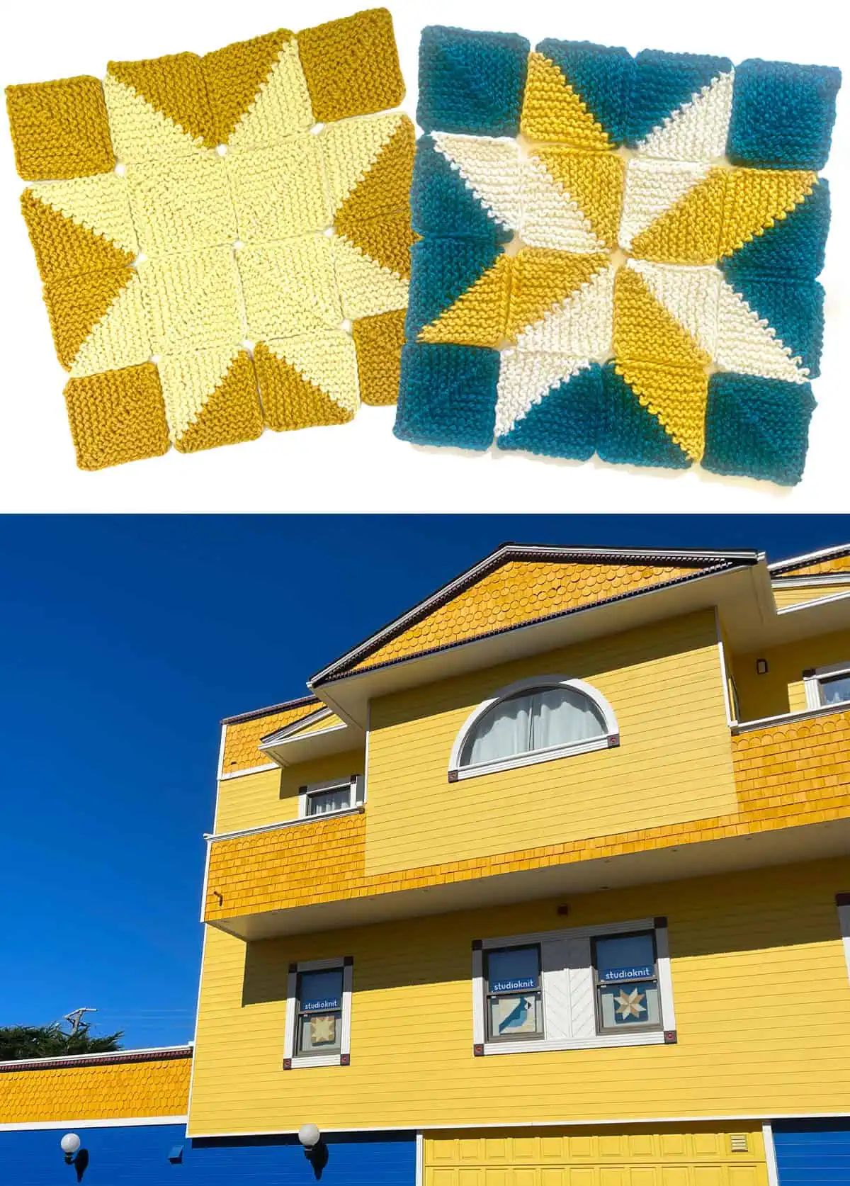 Yellow and blue knitted blankets and Studio Knit Shop building.