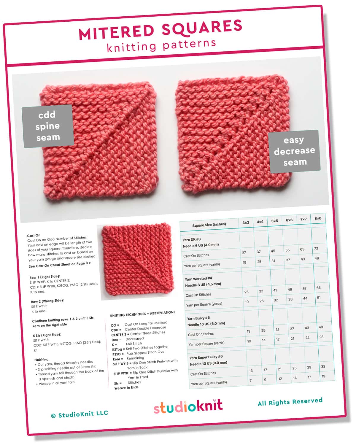 Mitered Squares knitting pattern by Studio Knit.