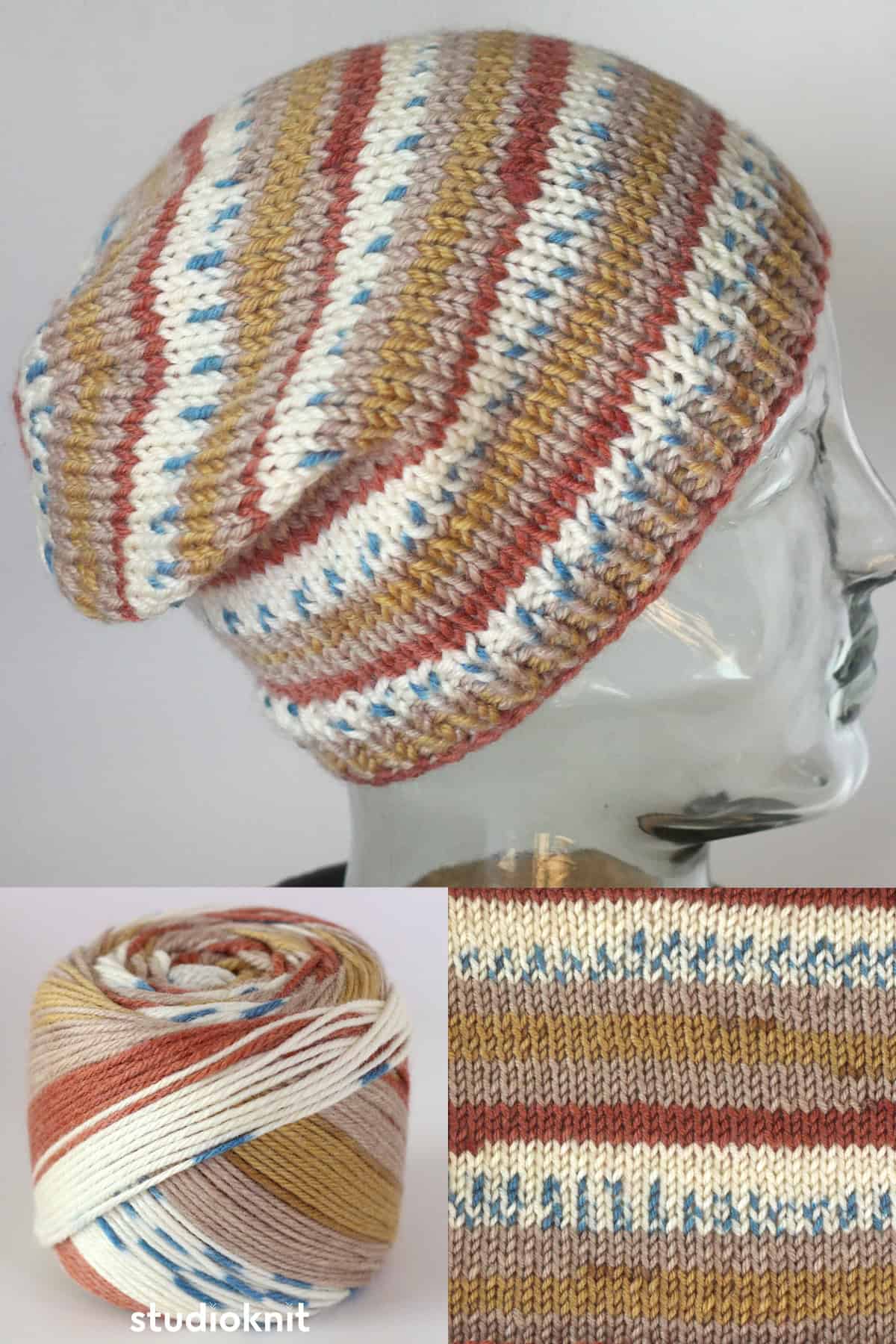 Knitted slouchy hat in fair isle yarn colors.