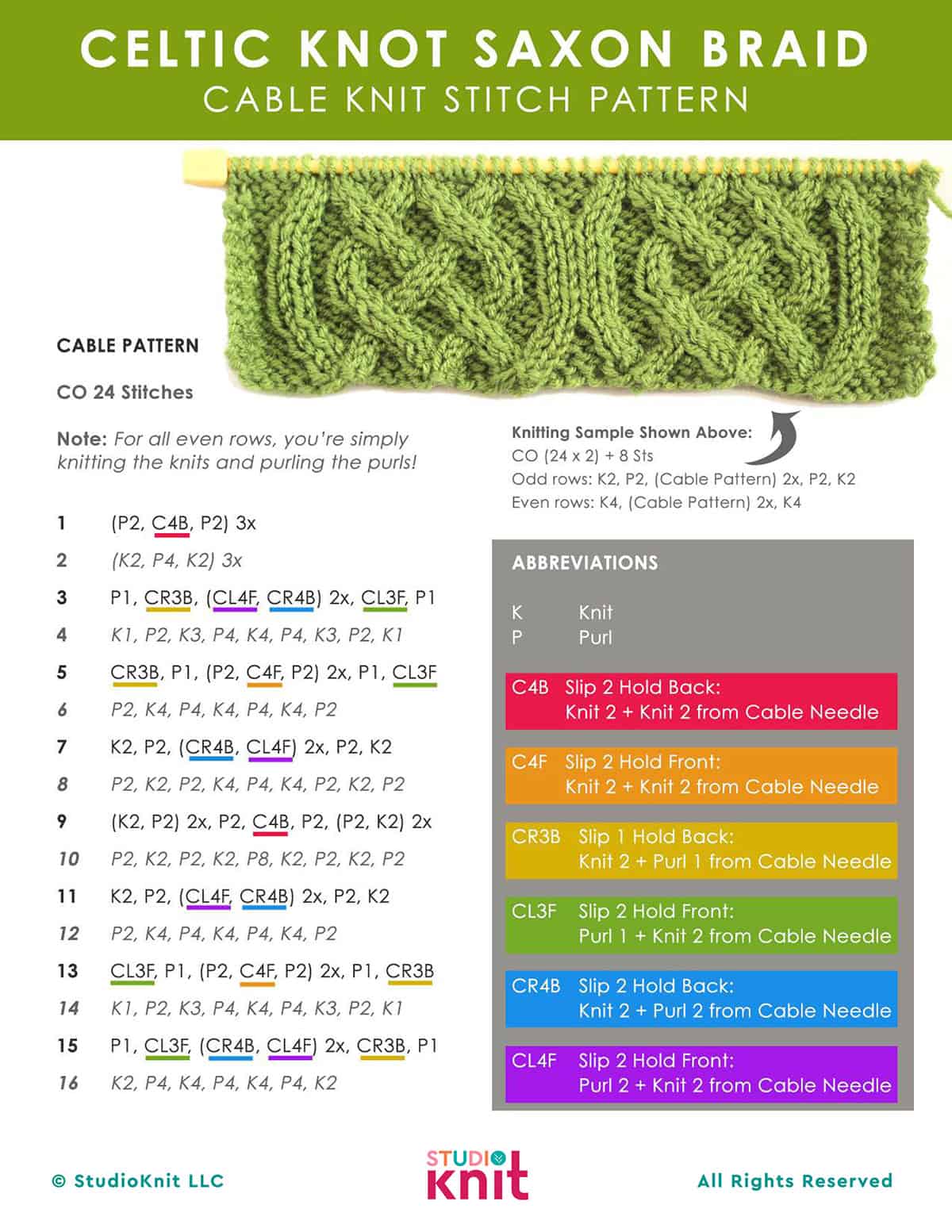 Instructions Celtic Cable Saxon Braid Knitting Pattern by Studio Knit