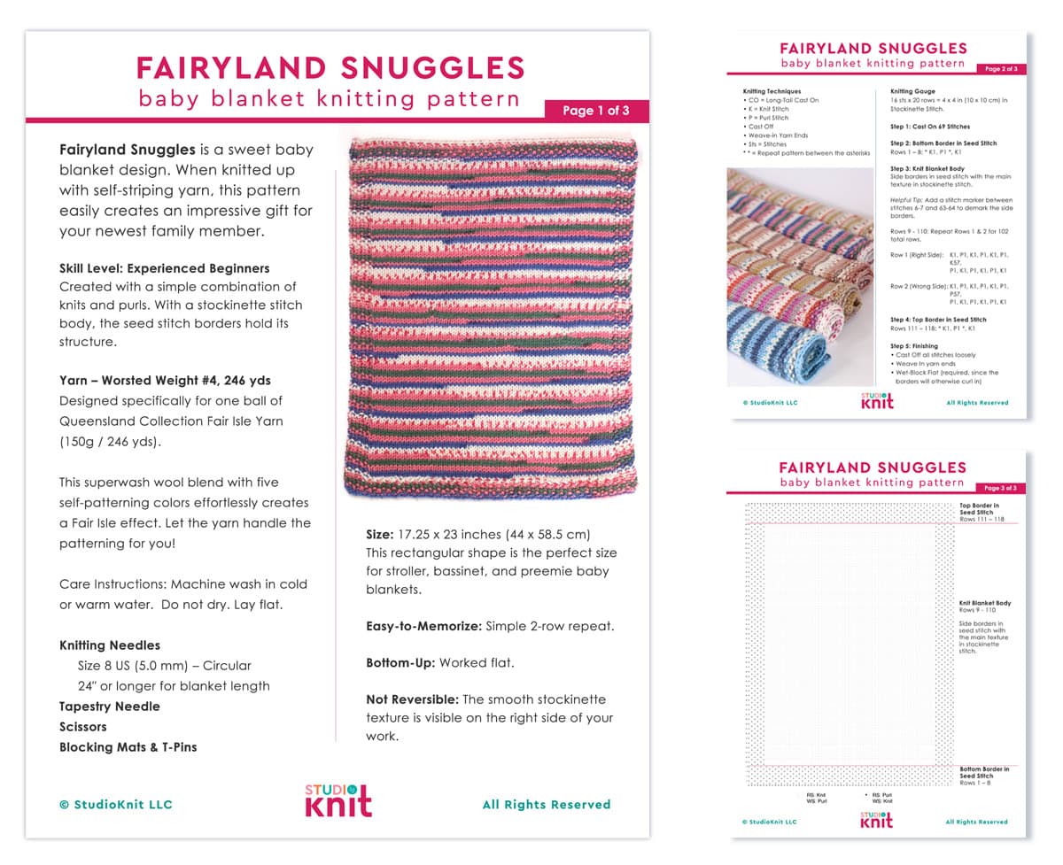 Printed pattern of the Fairyland Snuggles Baby Blanket by Studio Knit.